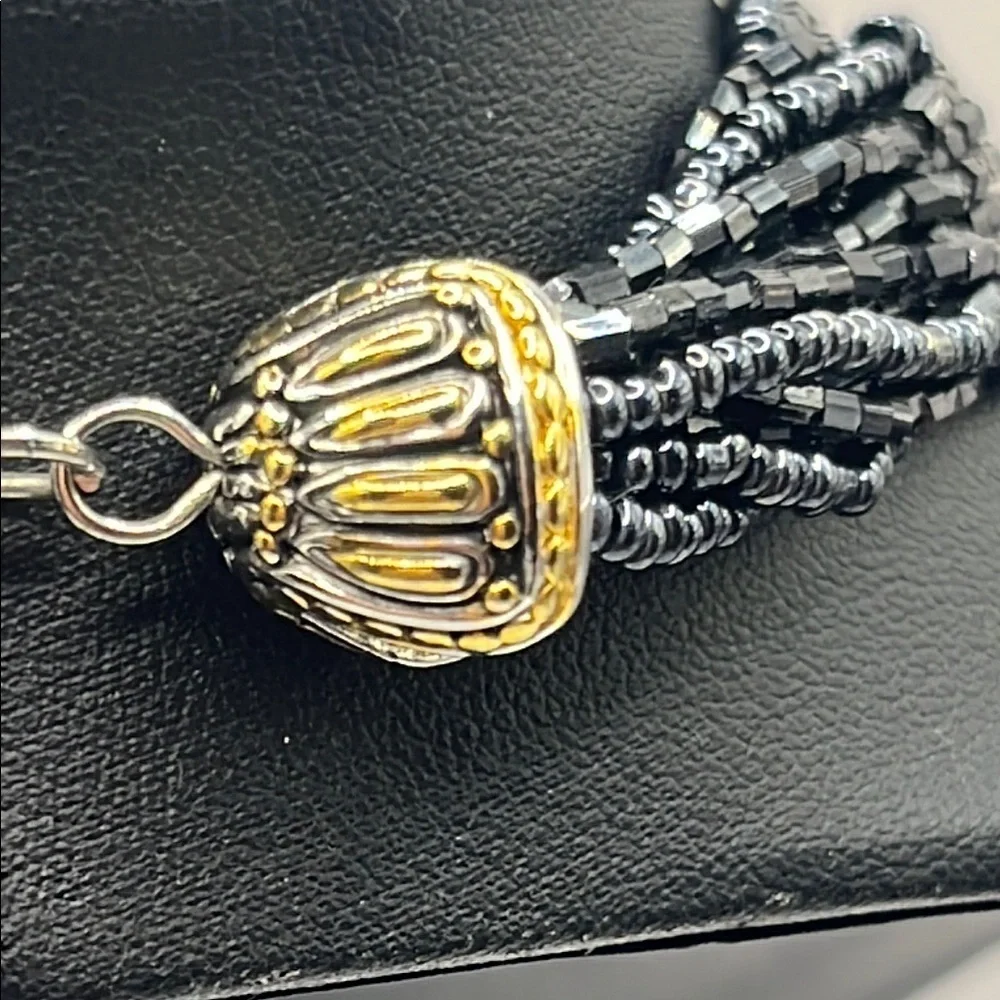 Elegant Black Beaded Necklace with Gold and Silver tone Pendant with Quartz